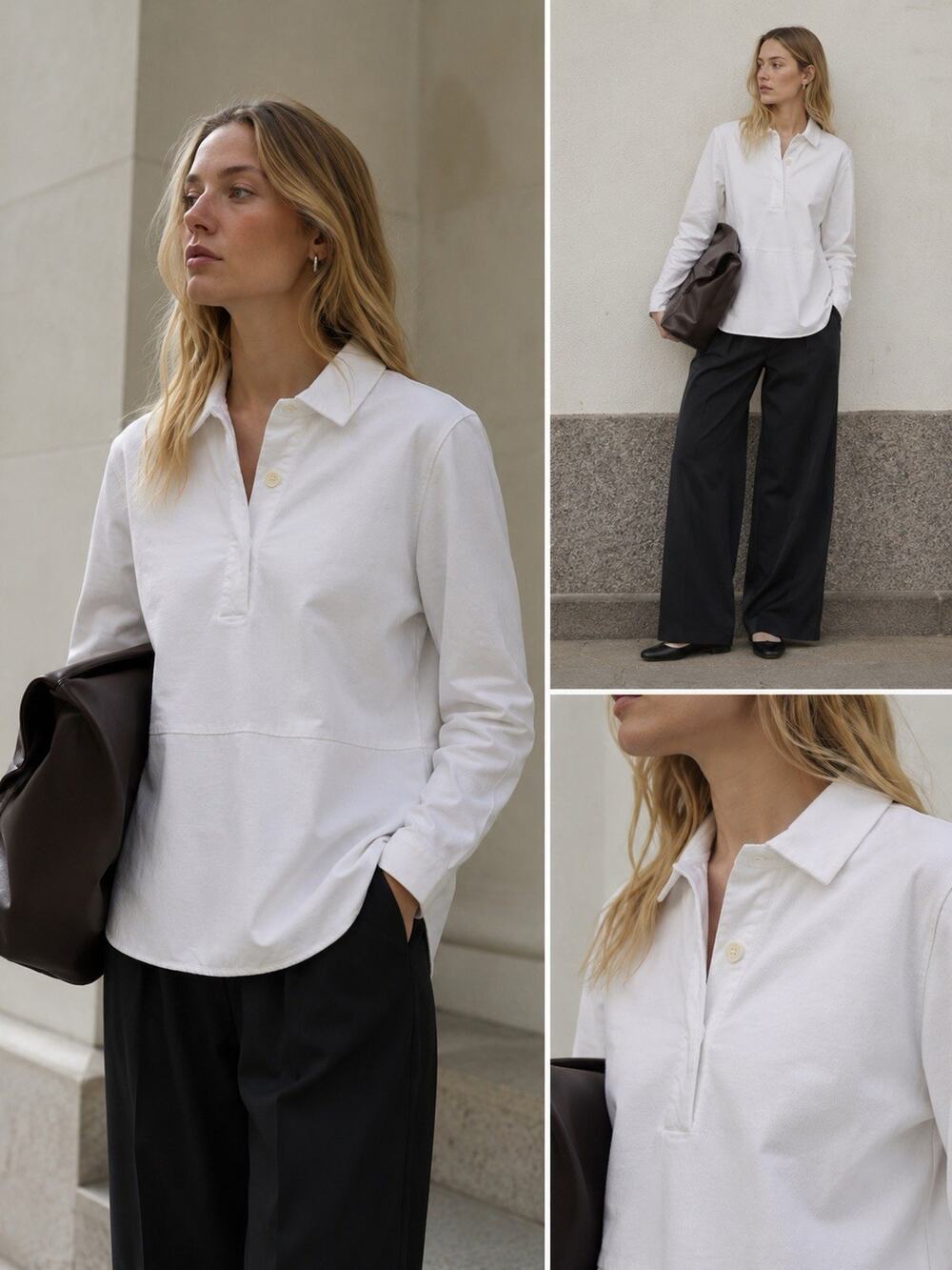 COS White Long-Sleeve Half-Placket Cotton Blouse